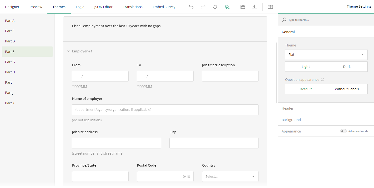 Survey elements grouped within a panel